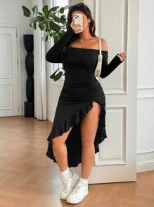 SHEIN EZwear Plus Size Off Shoulder Asymmetrical Hem Long Dress, Spring/Summer - Black - View 5