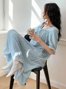 DAZY Sweet Puff Sleeve Ruffle Trim Loose Nightgown Pajama - Baby Blue - View 1