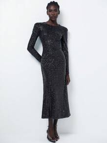 Aveloria Modichic Vestido ajustado de cola de pez para fiestas con cuello redondo, mangas largas, de malla con lentejuelas y calado para mujer