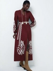 Aveloria Modichic Elegant Bohemian V-Neck Tassel Tied Retro Printed Dress, Long Sleeve Casual Vacation Dress For Women Fall Cloth For Women - Redwood - View 4