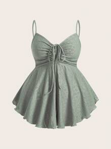 SHEIN EZwear 大码女式薄荷绿色前抽绳针织吊带背心 - 薄荷綠 - 查看 1