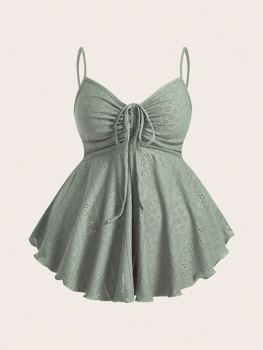 SHEIN EZwear 大码女式薄荷绿色前抽绳针织吊带背心 - 薄荷綠 - 查看 1