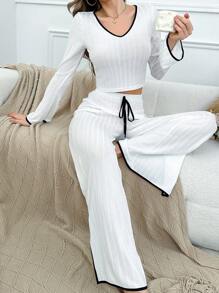 2pcs Women Contrasting Ribbed Homewear Set - Crop Top And Pants - White - View 4
