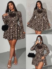 Allurite Plus Size Black Hollow Heart Embroidered Mock Neck Long Sleeve Leopard Print Flared Hem Knit Dress, Elements: Valentine, Rose, Heart, Polka Dot, Love, Lip, Cupid, 179D Flower