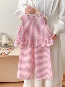 SHEIN LMoss Kids LMoss 2pcs/Set Young Girl Woven Plain Collared Fitted Casual Shirt With Woven Loose Pants - Multicolor - View 3