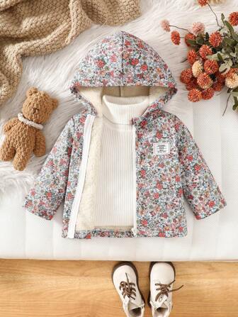 SHEIN Vintaside Kids Vintage Style Baby Girls' Hooded Zipper Jacket, All-Over Ditsy Floral, Warm Thermal Lined, Casual Fashion Winter Coat