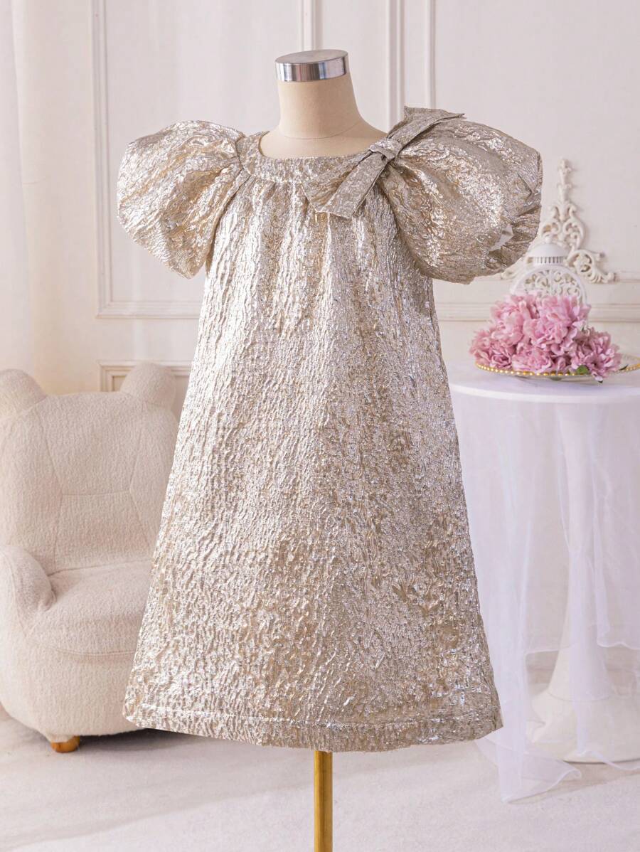 Glamorique Kids 优雅金色纹理泡泡袖公主裙,适合少女,独特的设计,散发贵族气息,适合正式的节日场合,让小女孩以优雅的魅力和纯真的可爱脱颖而出 - 金色 - 查看 1