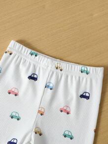 2pcs Infant/Toddler Boys Cute Car Print Tight-Fit Short Sleeve T-Shirt And Shorts Pajama Sets, Snug Fit