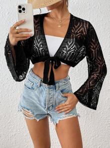 纯色镂空钩针夏季海滩开衫，度假和服风格长袖 - 黑色 - 查看 3