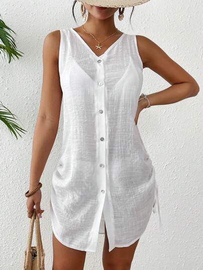 Swim Lushoire Kimono de un solo botonadura sin mangas de color liso como cubierta para mujer para el verano, la playa y las vacaciones