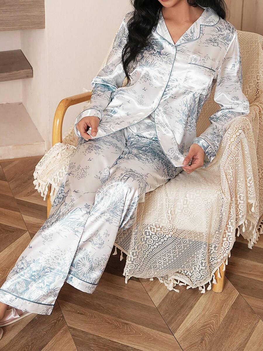 Conjunto de pijama con blusa y pantalones de seda sintética estampada, para vacaciones