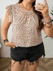 SHEIN LUNE Plus Size Round Neck Short Sleeve Pleated Ditsy Floral Top, Perfect For Casual Vacation Summer Vacation Woman Business Casual Woman Going Out Tops Women Spring For Women Spring Break Boho/Bohemian,Holiday,Resort Tops Wedding Guest Women Casual Elegant Graphic Tees - Multicolor - View 6
