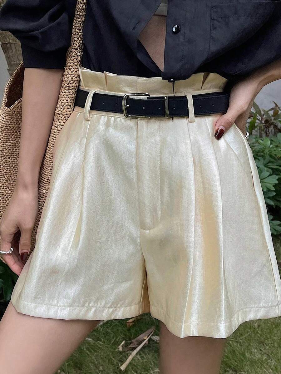 Quần short ống rộng màu trơn đơn giản cho nữ - Màu be - Xem 1