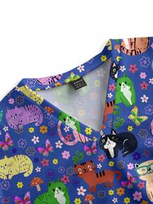 PopScrub Women's Cute Cartoon Cat Print Scrub Uniform Top