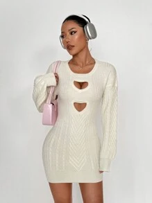 Flirla Vestido de punto con diseño de corazón hueco, versátil, para el Día de San Valentín - Blanco - Ver 8