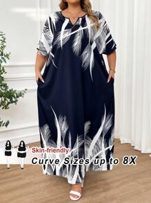 SHEIN CURVE+ Spring And Summer Autumn And Winter Elegant Navy Blue Woven Notched Kaftan Dress Plus Size Dresses - Navy Blue - View 1