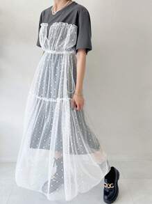 FRIFUL 女式宽松波尔卡圆点图案蕾丝拼布长款T恤连衣裙，荷叶边 - 灰色 - 查看 7