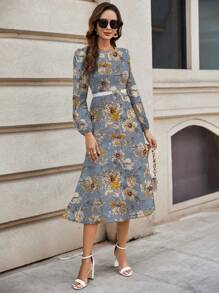 SHEIN Clasi Casual Vintage Floral Pattern Round Neck Long Sleeve Dress, Suitable For Spring And Autumn Chic Dress