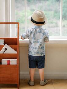 Souflis Souflis Infant/Toddler Boy Summer Floral Print Lapel Collar Short Sleeve Shirt & Straight Loose Casual Shorts 2pcs Suit Set, Fashionable And Comfortable For Summer Vacation