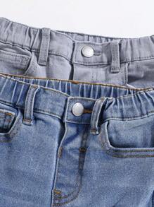 SHEIN 年轻男孩 2 件休闲时尚简约时尚舒适浅蓝色和深蓝色牛仔弹力男孩牛仔裤，适合狂欢装扮节日和日常穿着 - 彩色 - 查看 5