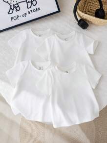 SHEIN Set de 4 piezas de camisetas de manga corta de cuello redondo de punto suave de unicolor unisex para niño bebé - Blanco - Ver 7