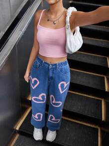 2pcs/Set Teen Girl Heart Print Straight Leg Pants With Camisole Top - Pink - View 6