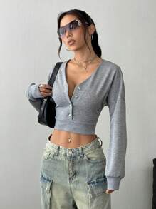 Flirla Lässiger, vielseitiger einfarbiger V-Ausschnitt Knopf Pullover Herbst Sweatshirt