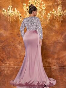 Glamrae Elegantes luxuriöses Abendkleid in Große Größen mit langen Ärmeln, Pailletten- und Perlenbesatz, Satin mit Stretch, Fishtail-Schnitt, geraffter Seitenschlitz, geeignet für Hochzeitsgäste, Junggesellinenabschied, Urlaub, Ball, Bankett, Abendfest, Abendkleidung, Gown - Altrosa - Übersicht 3