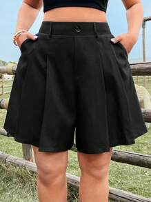 Rustia Pantalones cortos largos de color negro elegantes y sencillos para mujeres de talla grande, estilo de transporte