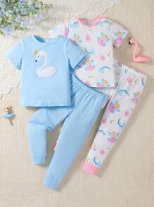 4 件套女孩年轻女孩简约时尚可爱印花元素短袖上衣和裤子休闲舒适家居服