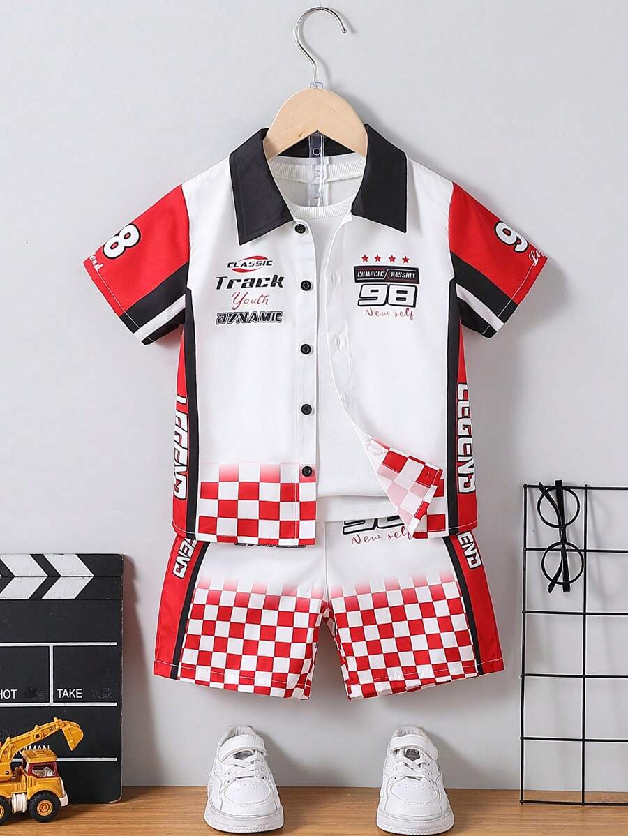 SHEIN 2 件套年轻男孩撞色拼布棋盘格和字母印花短袖衬衫和短裤套装 - 彩色 - 查看 1