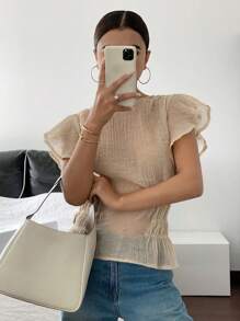 Siren Gaze 女士纯色圆领盖袖松紧腰荷叶边衬衫 - 杏色 - 查看 6