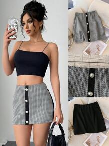 Chiquease Women's Houndstooth Pattern Decoration Buttons Minimalist Skirt With Zipper - Black - View 1