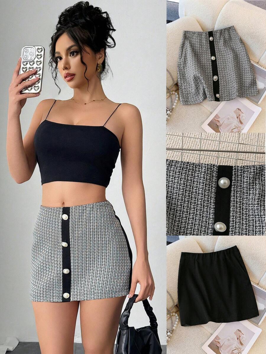 Chiquease Women's Houndstooth Pattern Decoration Buttons Minimalist Skirt With Zipper - Black - View 1