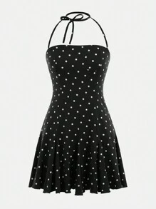 SHEIN Teen Girls Elegant Sweet Ruffle Polka Dot Halter Neck 2-In-1 Dress - Black - View 2