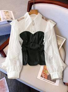 Chiquease Camisa feminina nova de design elegante com bainha com babado e recorte na cintura - Preto e Branco - Visão 1