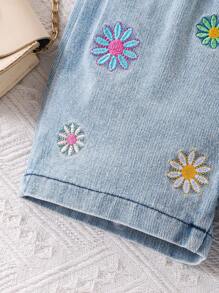 Baby Girl Summer New Fashion Off Shoulder Solid Ribbed Top + Embroidered Floral Denim Shorts Set - White - View 7