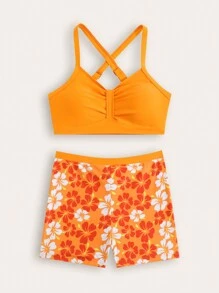 New Fashion Teen Girls Printed Patchwork Swimwear Set - Multicolor - View 1