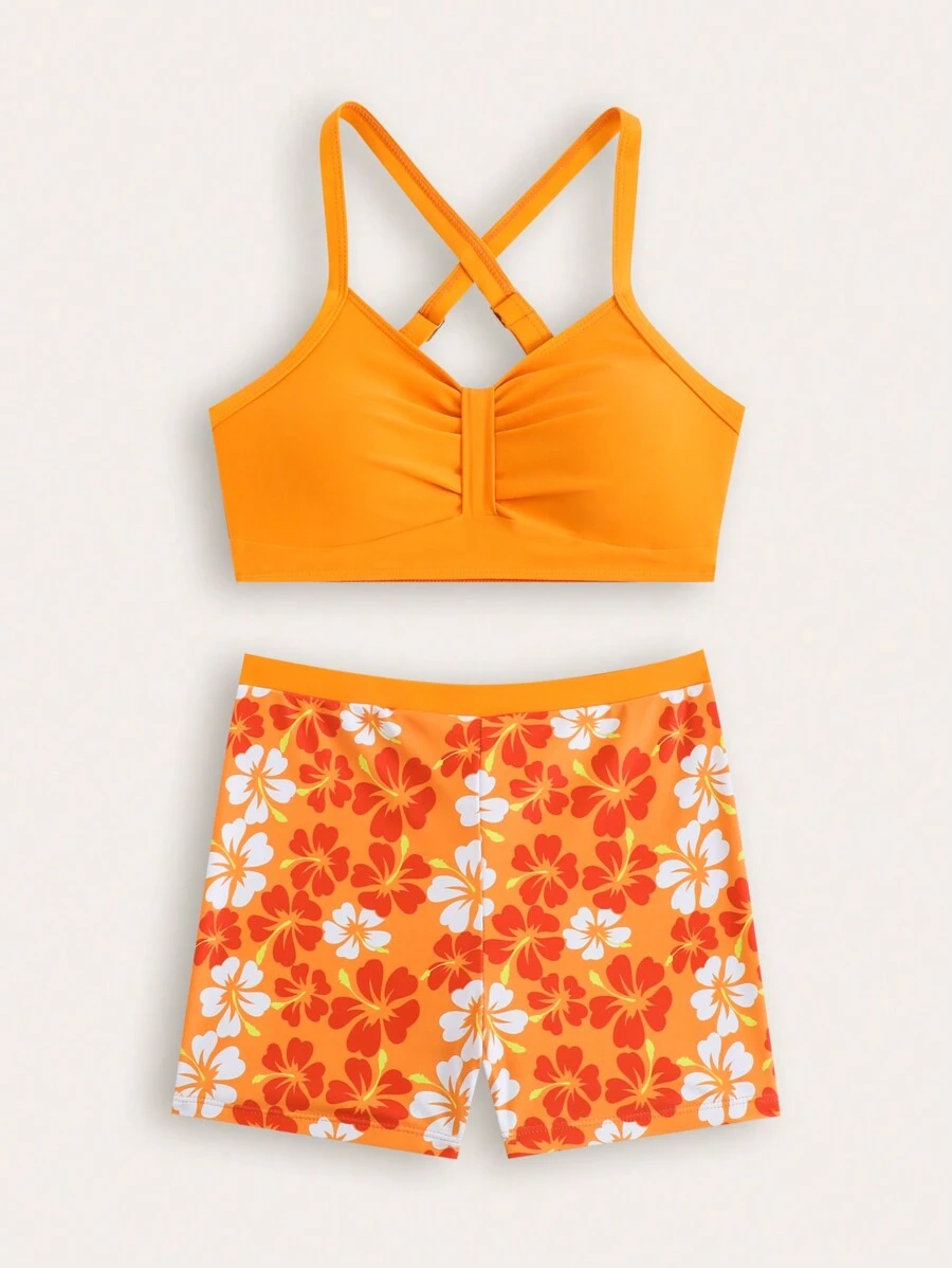 New Fashion Teen Girls Printed Patchwork Swimwear Set - Multicolor - View 1