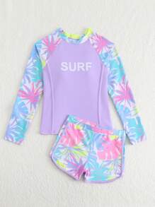 青少年女孩棕榈树字母印花插肩袖长袖上衣和短裤休闲分体泳衣 - 紫色 - 查看 2
