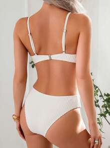 Swim Mod 2pcs/Set Women Spring Break Solid Color Gathered Texture Bowknot Strap Bikini Set, For Summer Beach - Beige - View 2