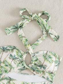 SHEIN Swim Traje de baño de una pieza con estampado de palmera tropical en jacquard de punto, con cuello halter y espalda descubierta, estilo bohemio para playa y festivales de verano