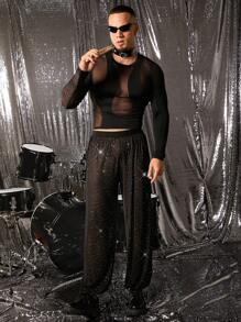 FeverCity Men's Mesh Loose Drawstring Ankle Pants, Suitable For Summer - Black - View 2