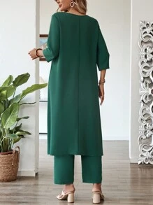 EMERY ROSE 2pcs/Set Women Solid Color Uneven Hem 3/4 Sleeve Top And Pants Outfit - Dark Green - View 2