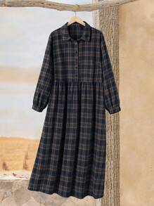 EMERY ROSE Plus Size Women Plaid Long Sleeve Button Down Leisure Shirt Dress For Fall, Winter Women Clothes - Orange - View 1