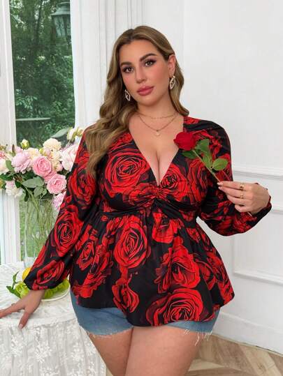 Flirla Plus Size Cross Front Wrap Waist Design A-Line Romantic Women Casual Shirt, Valentine Theme With Elements Like Hearts, Flowers, Polka Dots, Love, Lips, Cupid Fall Cloth For Women