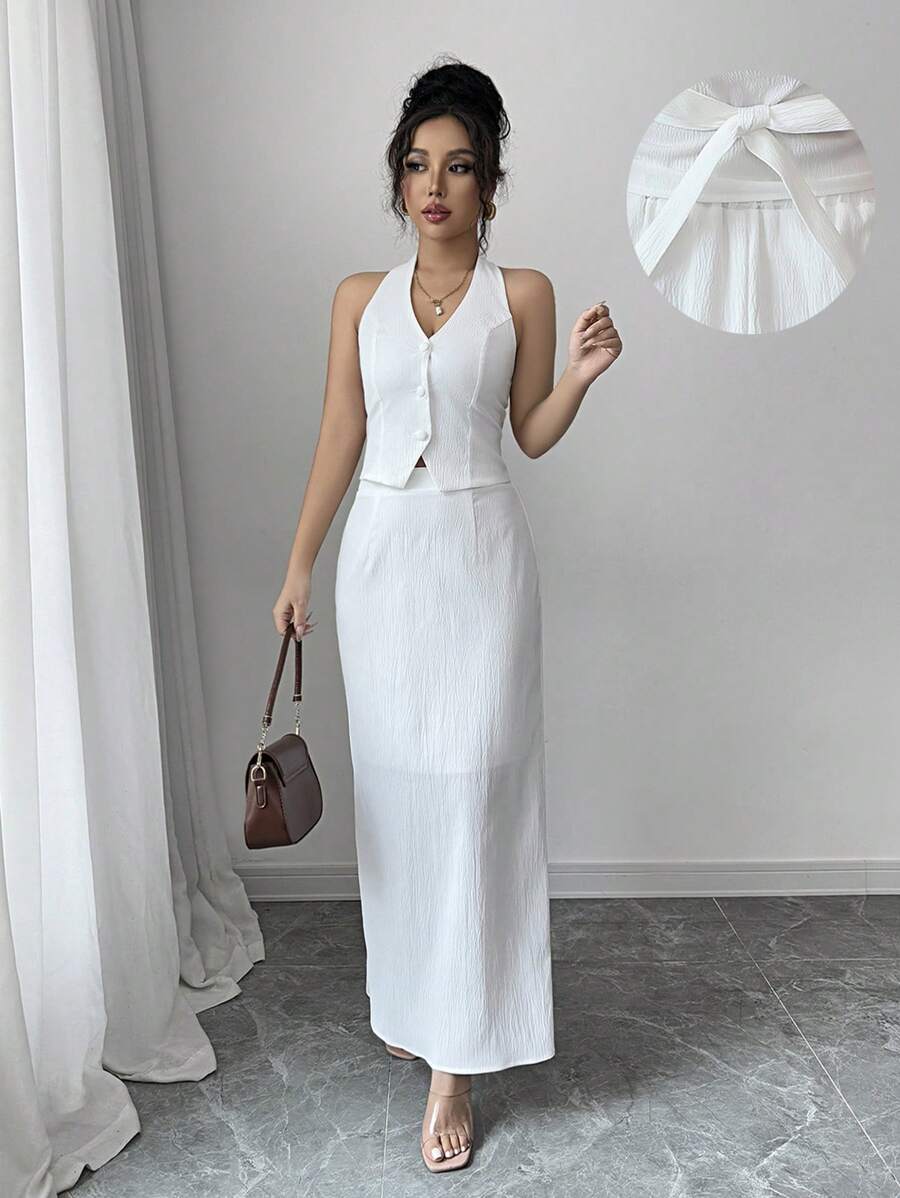 Elenzga 2 件套女士通勤简约纯色无袖背心和铅笔裙