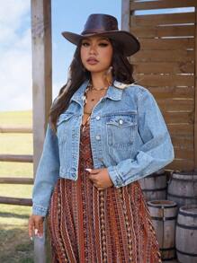 SHEIN LUNE Plus Size Women Single Breasted Long Sleeve Casual Denim Jacket - Light Wash - View 3