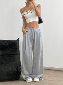 Lunelith SHEIN Lunessa Elastic Waist Drawstring Wide Leg Comfortable Sweatpants With Pleated Cuffs