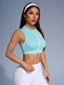 Easithlete Top corto sportivo attillato con cerniera frontale semplice - Verde - Visualizzare 4